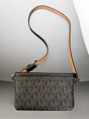 Michael Kors Black Signature MK Monogram Belt Bag with Leather Belt Strap